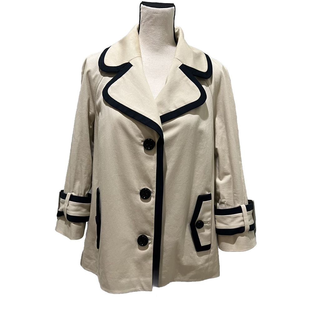 Kate Spade Cream Pea Coat Women’s M Trench Jacket Lined Contrast Navy Blue Trim